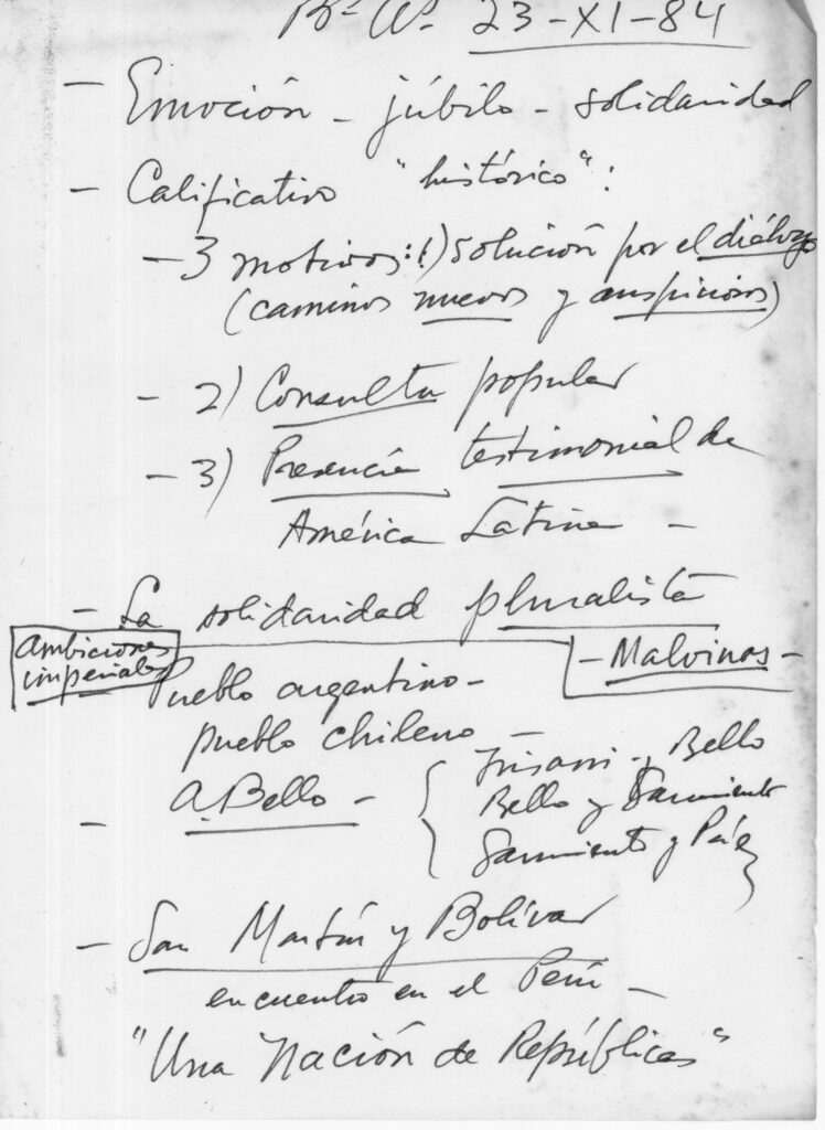 Esquema manuscrito de Rafael Caldera para el discurso que iba a ofrecer en el Estadio Vélez de Buenos Aires. 