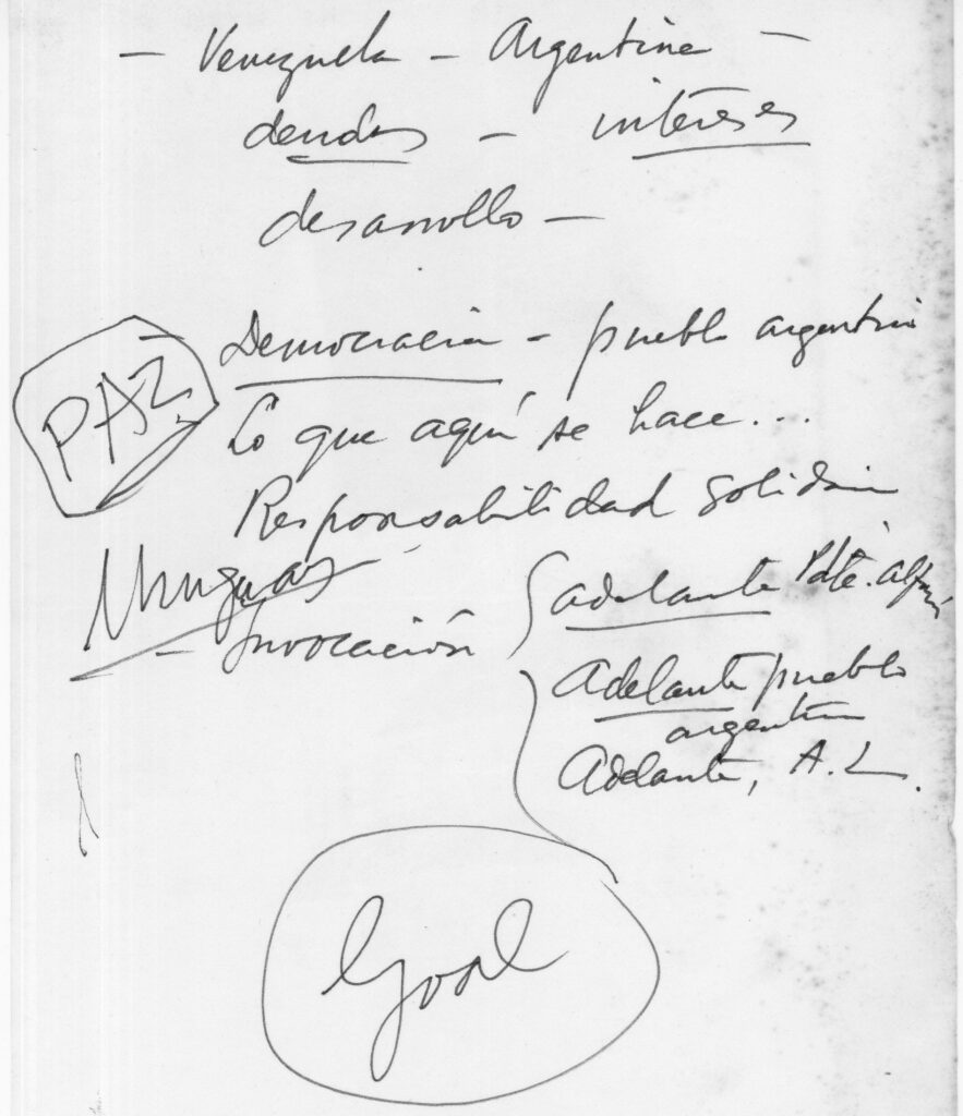 Página final del esquema para el discurso de Caldera el 23 de noviembre de 1984 en el Estadio Vélez de Buenos Aires.