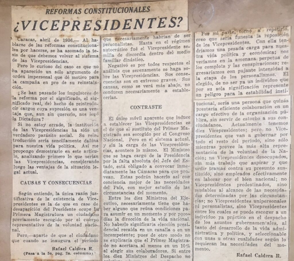 1936. Abril, 12. El Universal: ¿Vicepresidentes? (Reformas constitucionales)