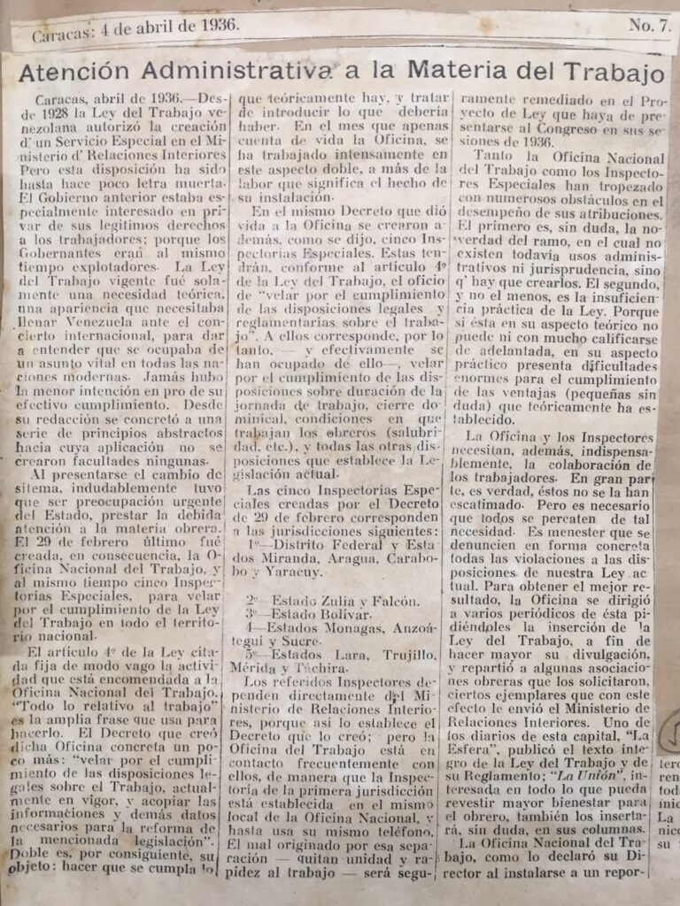 1936. Abril, 4. La Unión: Atención administrativa a la materia del trabajo