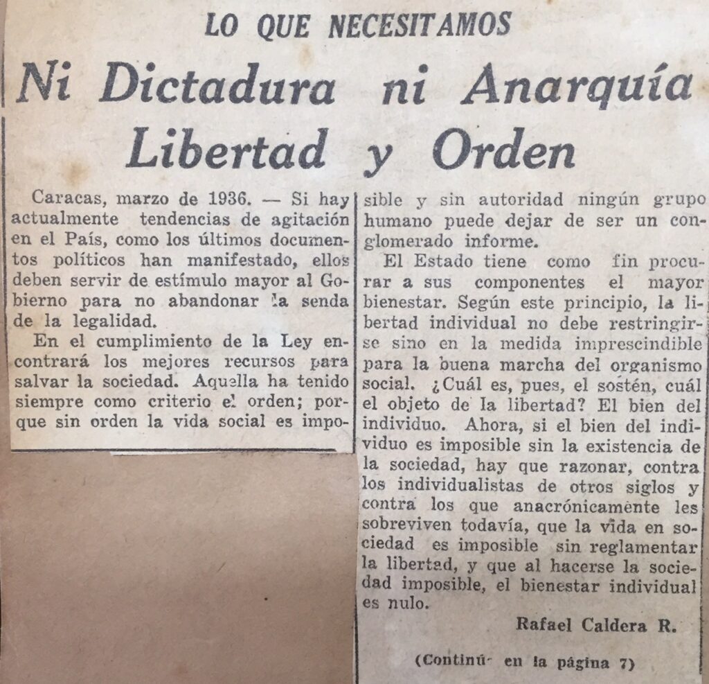 1936. Abril, 2. El Universal: Ni dictadura ni anarquía: Libertad y Orden (Lo que necesitamos)