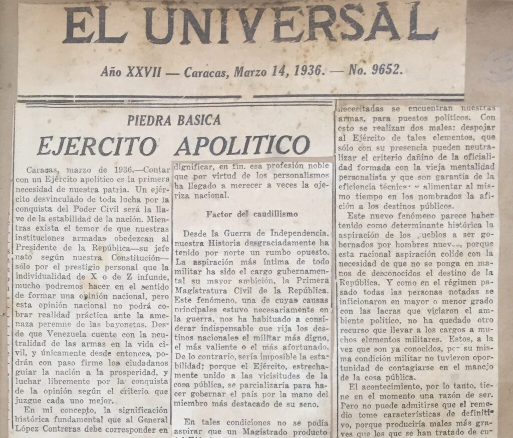 1936. Marzo, 14. El Universal: Ejército Apolítico (Piedra básica)