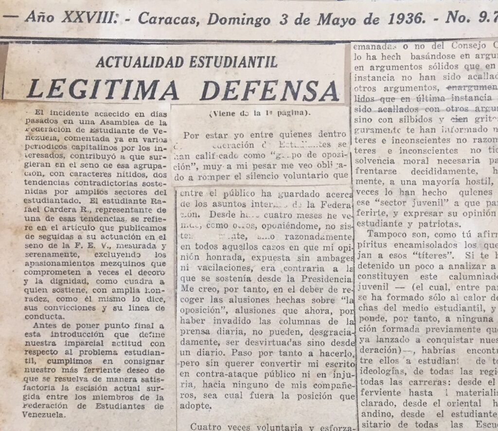 1936. Mayo, 3. El Universal: Legítima defensa (Actualidad estudiantil)