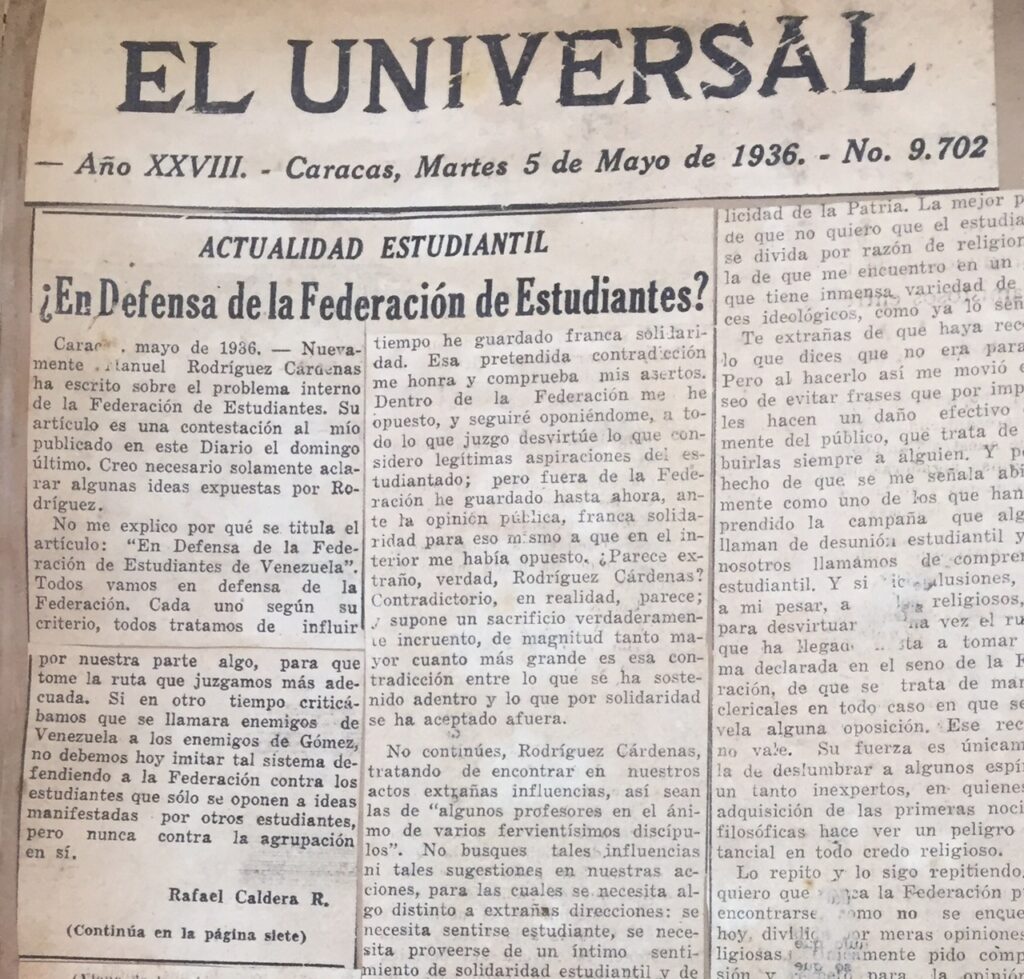 1936. Mayo, 5. El Universal: ¿En defensa de la Federación de Estudiantes? (Actualidad estudiantil)