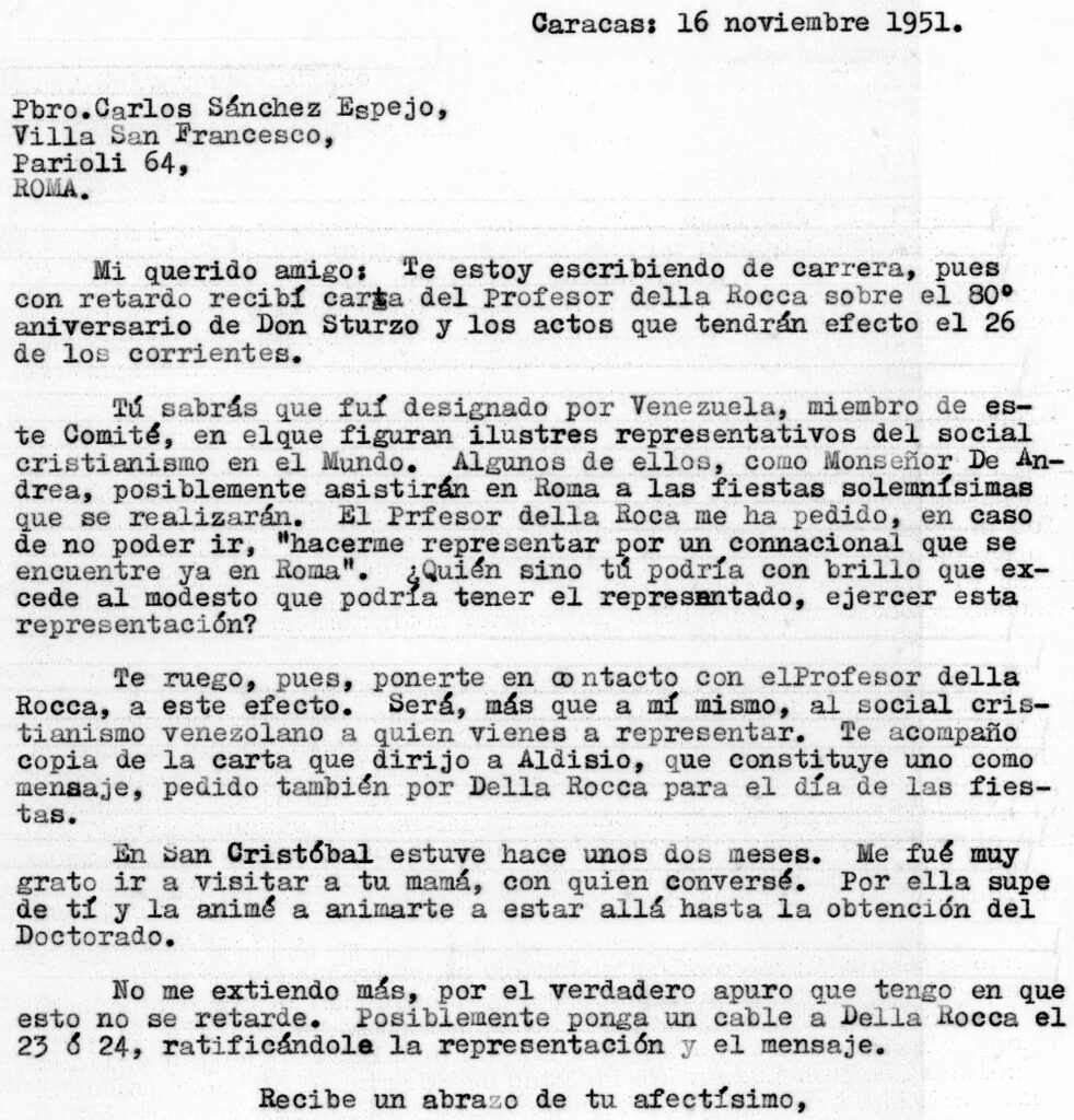 1951. Noviembre, 16. Carta de Rafael Caldera al presbítero Carlos Sánchez Espejo