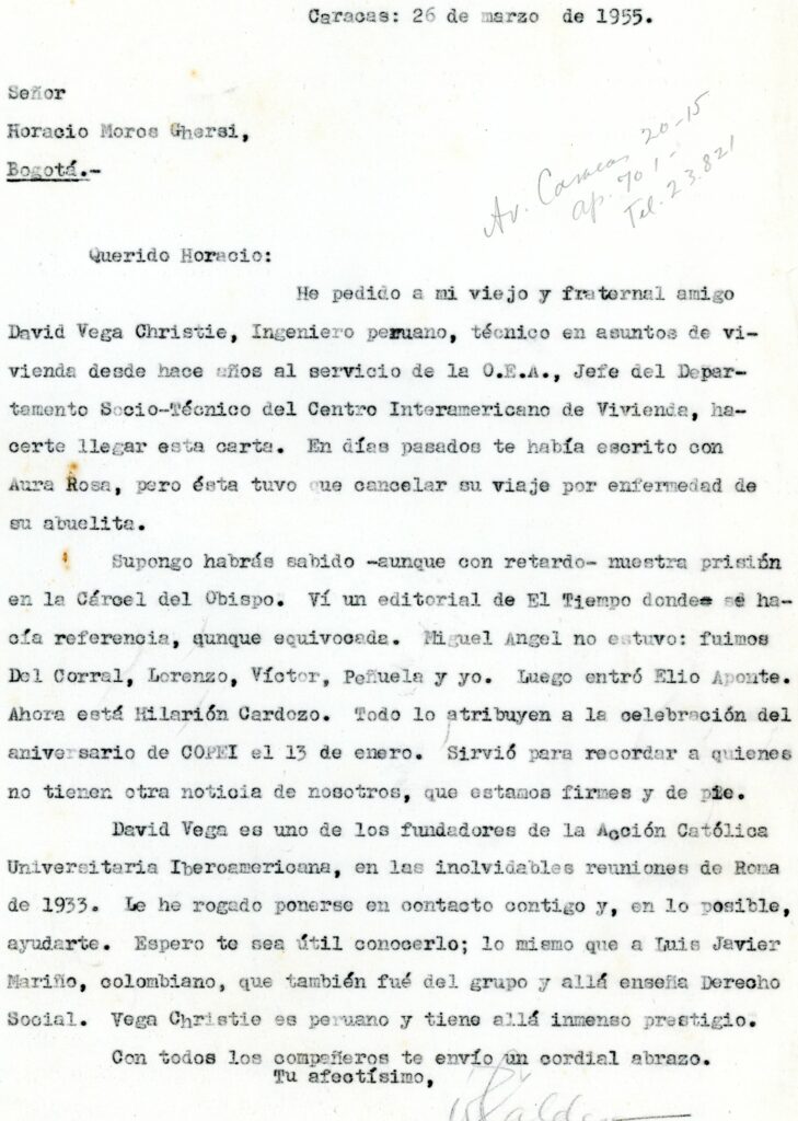 1956. Marzo, 26. Carta de Rafael Caldera a Horacio Moros Ghersi