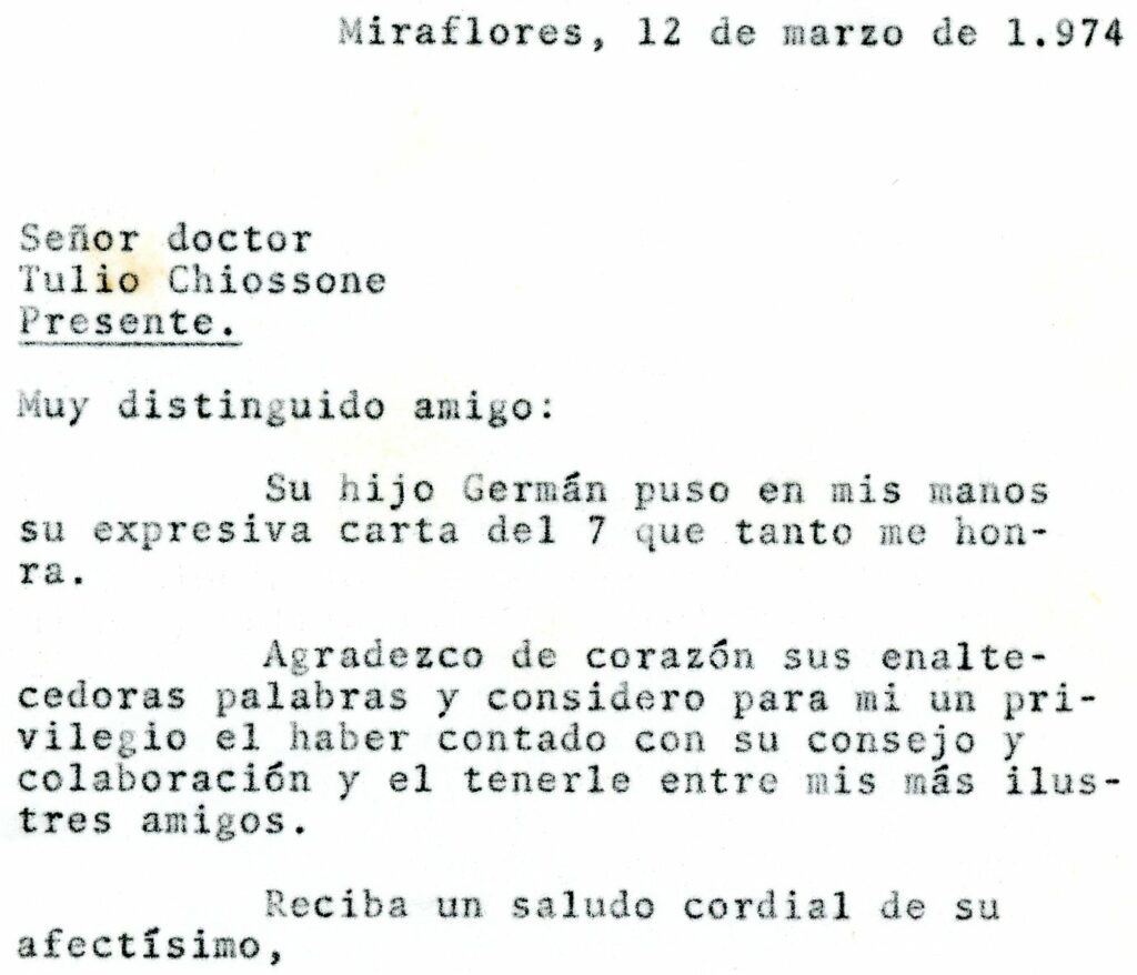 1974. Marzo, 12. Respuesta de Rafael Caldera a Tulio Chiossone