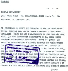 1977. Septiembre, 12. Telegrama a Rómulo Betancourt.