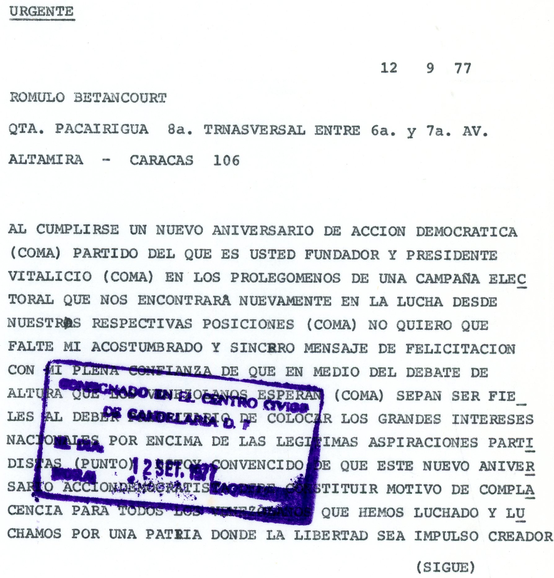 1977. Septiembre, 12. Telegrama de Rafael Caldera a Rómulo Betancourt