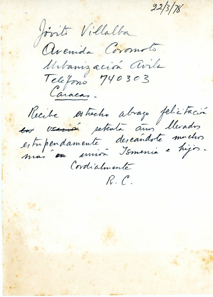 1978. Marzo, 22. Borrador de telegrama de felicitación a Jóvito Villalba