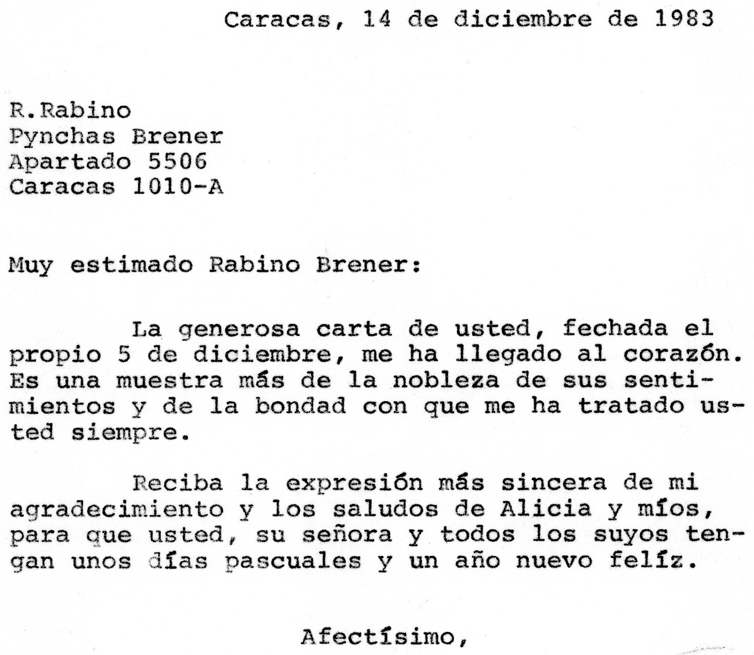 1983. Diciembre, 14. Respuesta de Rafael Caldera al rabino Pynchas Brener