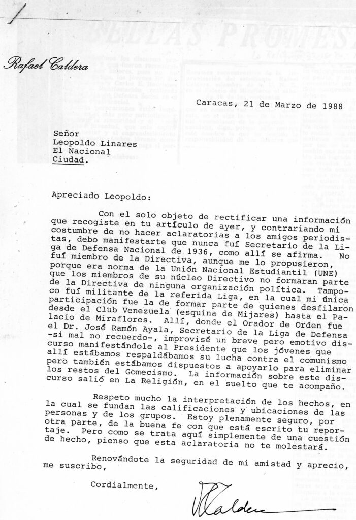 1988. Marzo, 21. Aclaratoria al periodista Leopoldo Linares