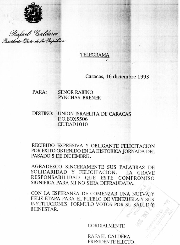 1993. Diciembre, 16. Telegrama de respuesta al rabino Pynchas Brener