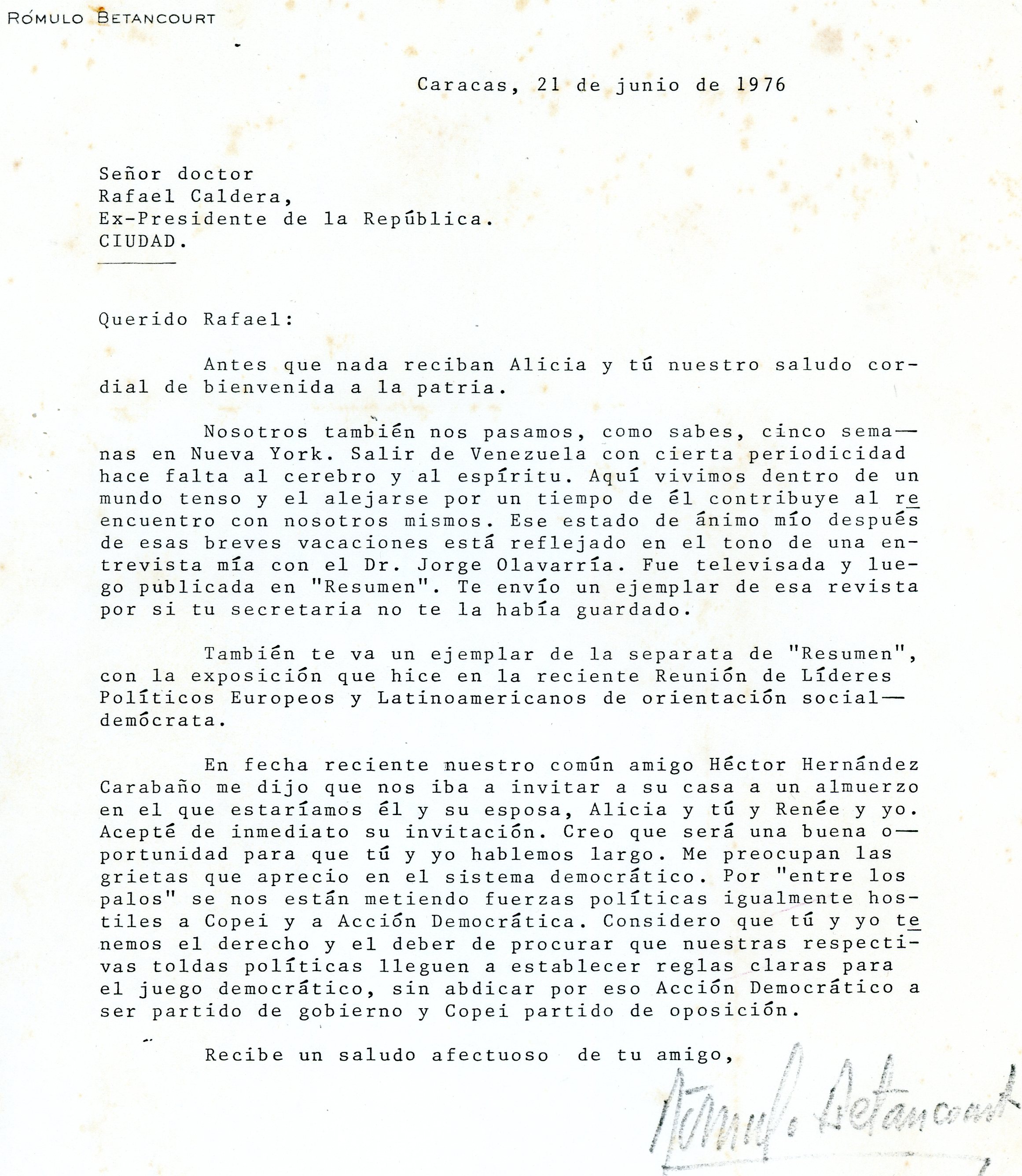 1976. Junio, 21. Carta de Rómulo Betancourt a Rafael Caldera