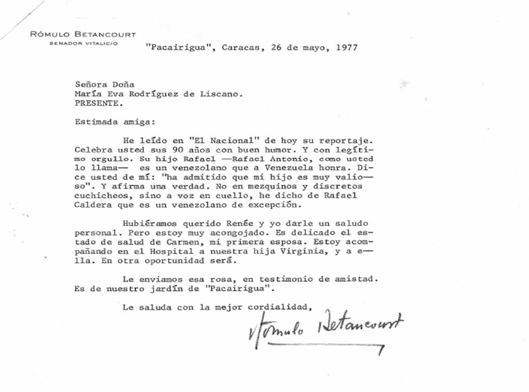 1977. Mayo, 26. Carta de Rómulo Betancourt a María Eva Rodríguez de Liscano