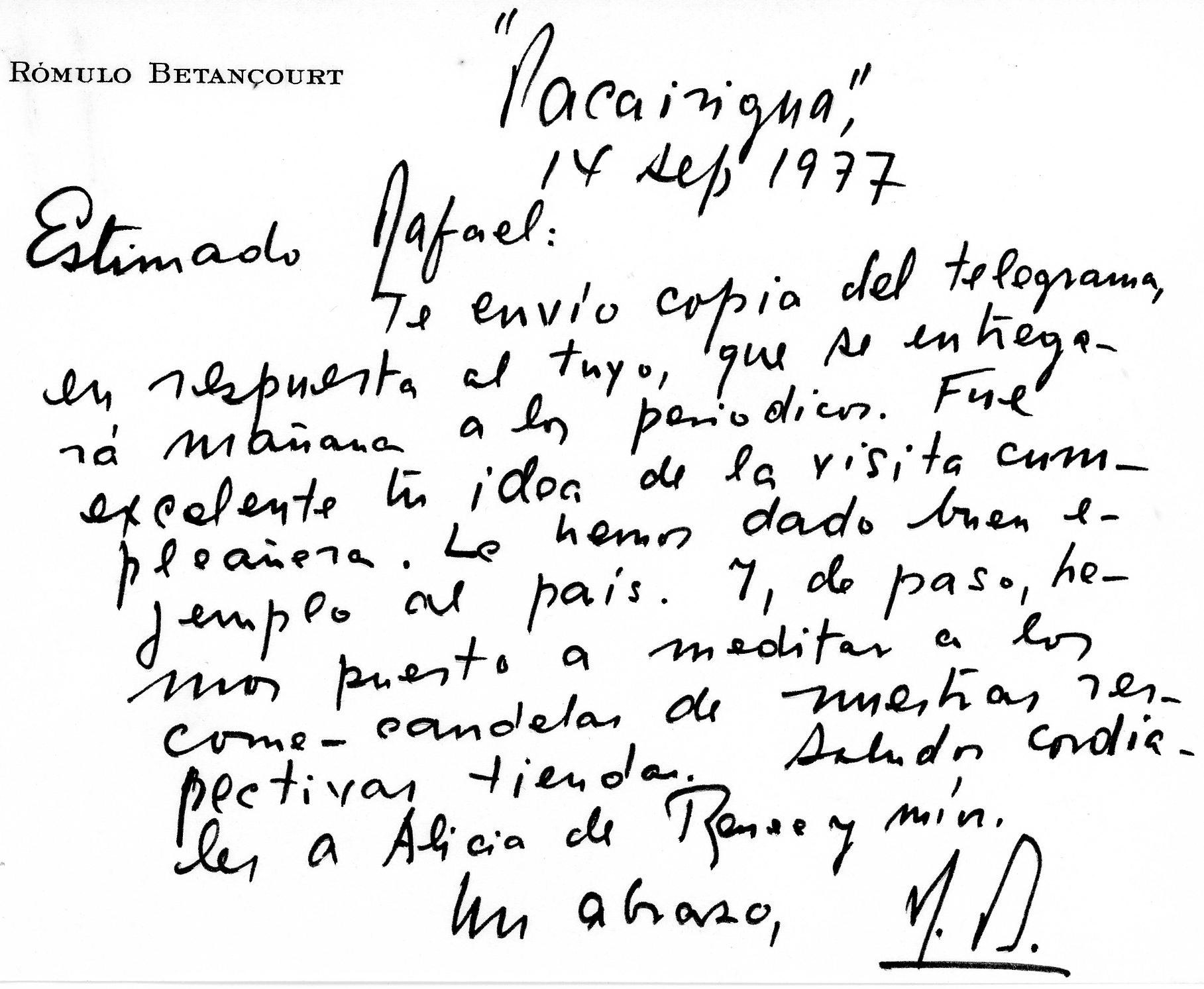 1977. Junio, 14. Respuesta de Rómulo Betancourt a telegrama de felicitación