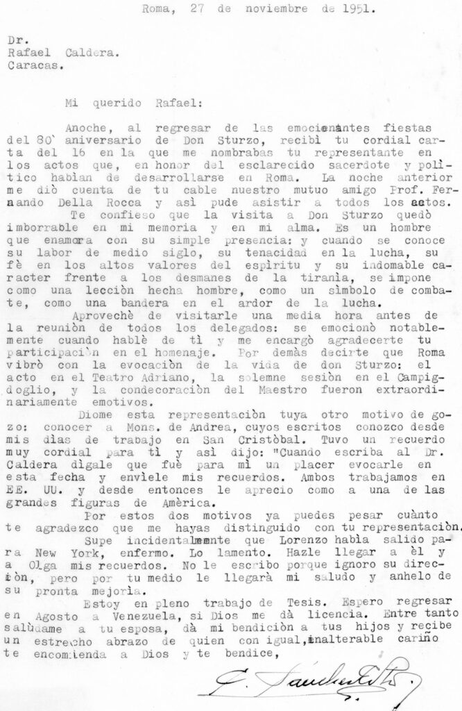 1951. Noviembre, 27. Respuesta del presbítero Carlos Sánchez Espejo a Rafael Caldera