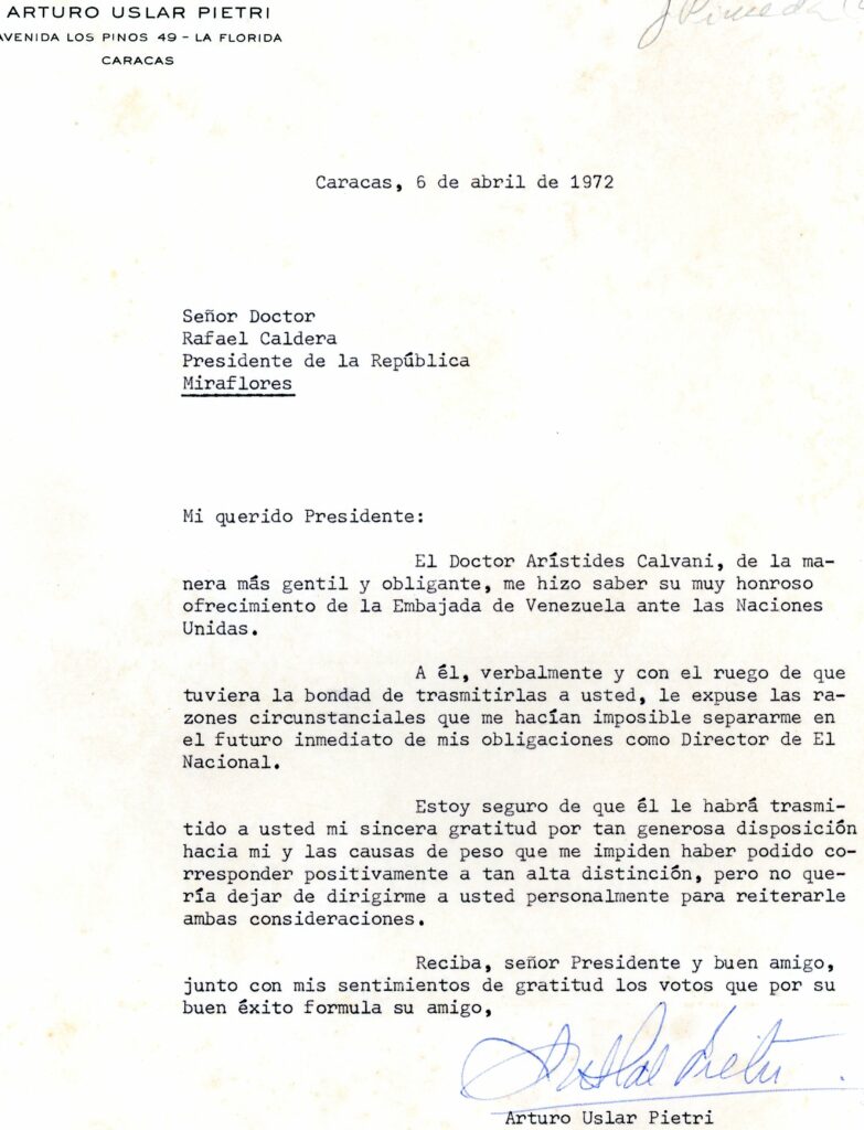 1972. Abril, 6. Carta de Arturo Uslar Pietri a Rafael Caldera