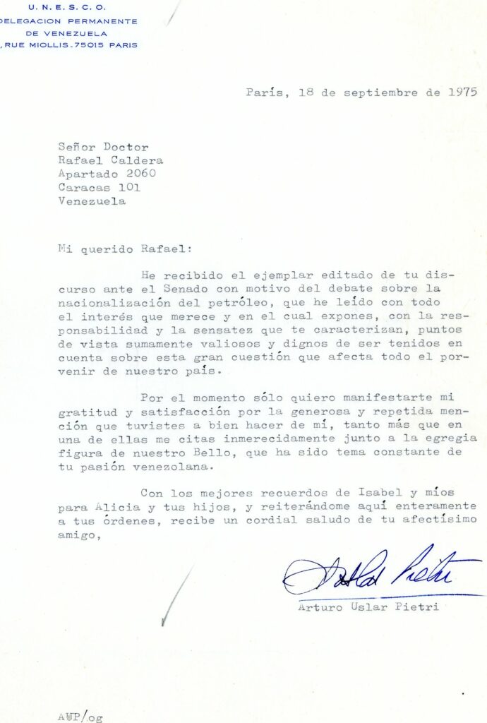 1975. Septiembre, 18. Carta de Arturo Uslar Pietri a Rafael Caldera desde París