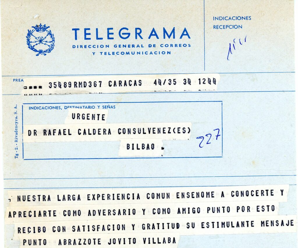 1978. Telegrama de respuesta de Jóvito Villalba a felicitación de Caldera