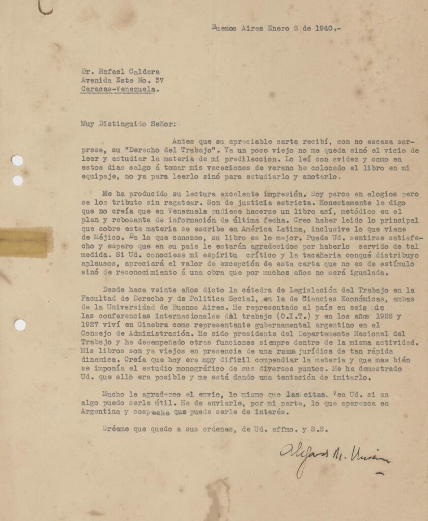 1940. Enero, 5. Carta de Alejandro M. Unsain a Rafael Caldera sobre su libro «Derecho del Trabajo»