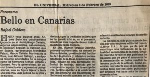 Bello en Canarias - Recorte de El Universal del 8 de febrero de 1989 donde aparece publicado este artículo de Rafael Caldera.