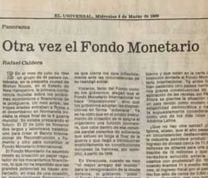 Otra vez al fondo monetario - Recorte de El Universal del 8 de Marzo de 1989 donde aparece publicado este artículo de Rafael Caldera.