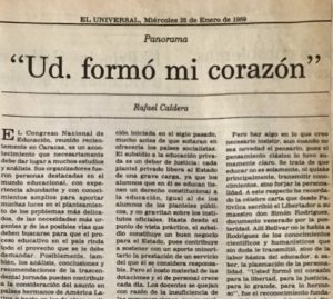 "Ud formó mi corazón" - Recorte de El Universal del 26 de enero de 1989 donde aparece publicado este artículo de Rafael Caldera.