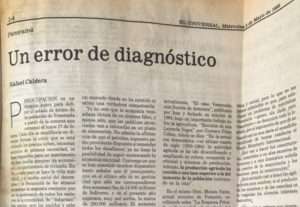 Un error de diagnóstico - Recorte de El Universal del 3 de Mayode 1989 donde aparece publicado este artículo de Rafael Caldera.