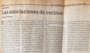 1989. Las asociaciones de vecinos - Recorte de El Universal del 26 de julio de 1989 donde aparece publicado este artículo de Rafael Caldera.