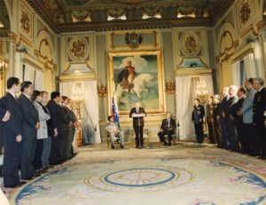 1997. Febrero, 19. Participación del inicio de las sesiones extraordinarias del Congreso Nacional, en el Salón Sol del Perú, Palacio de Miraflores.