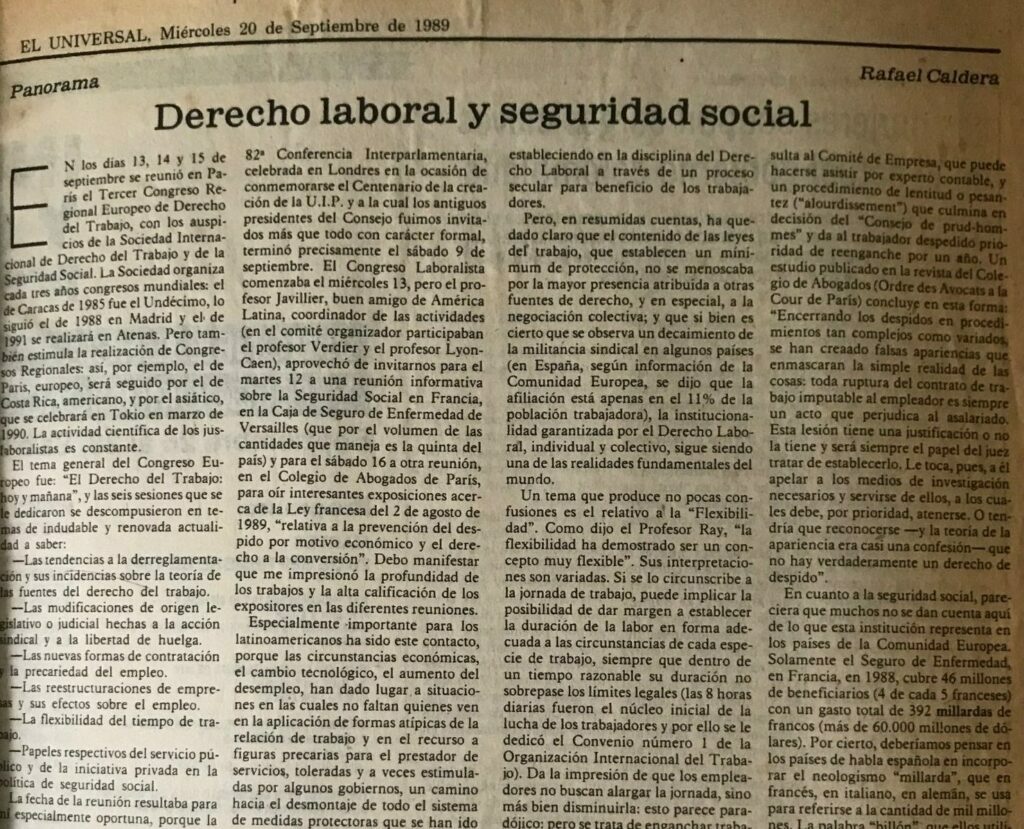 Artículo Rafael Caldera sobre derecho laboral y seguridad social en El Universal. Septiembre 20, 1989.
