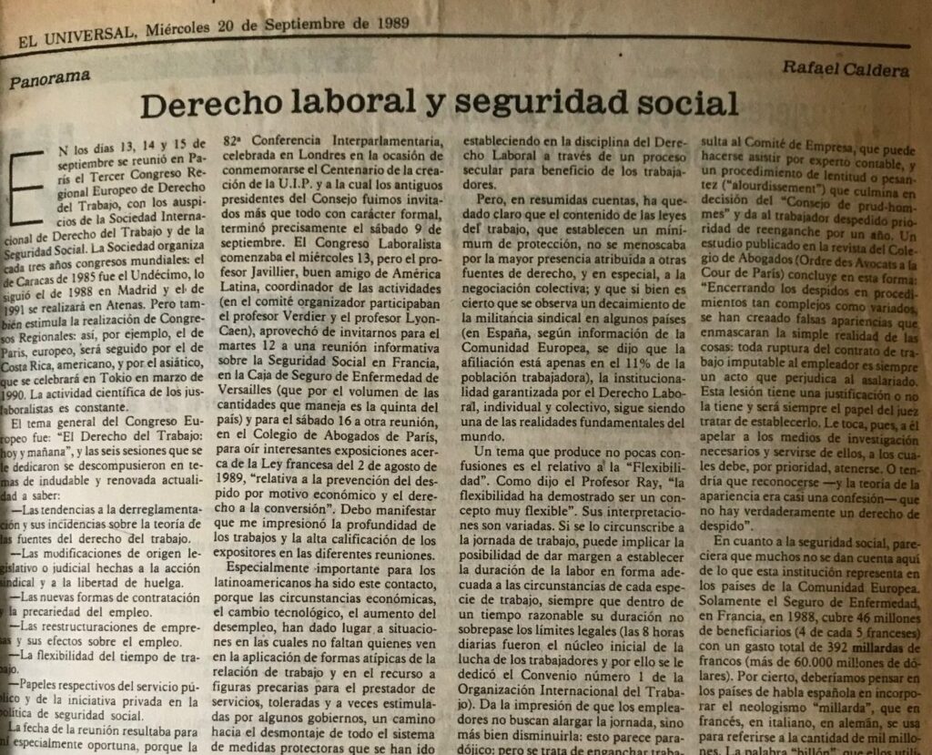 1989. Septiembre, 20. ALA / El Universal: Derecho laboral y seguridad social