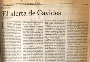 1989. El alerta de Cavidea - Recorte de El Universal del 15 de noviembre de 1989 donde aparece publicado este artículo de Rafael Caldera.