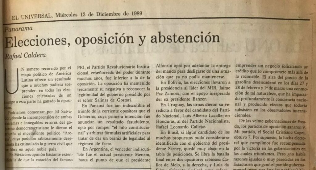 1989. Diciembre, 13. ALA / El Universal: Elecciones, oposición y abstención