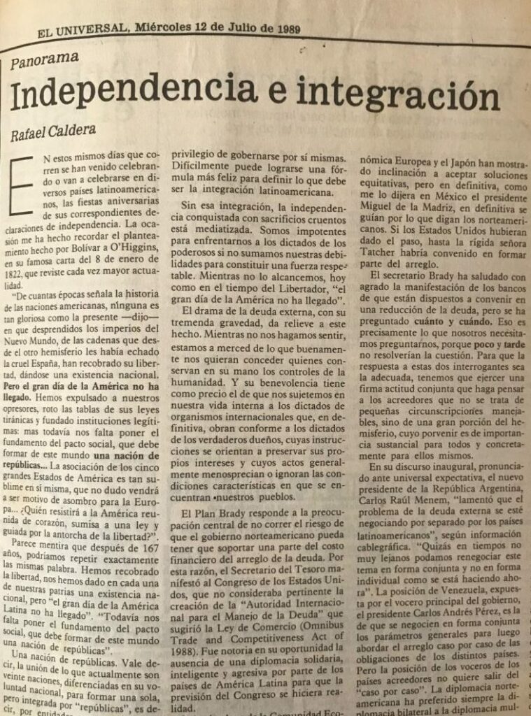 1989. Julio, 12. ALA / El Universal: Independencia e Integración