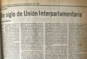 1989. Septiembre, 6. Un siglo de Unión Interparlamentaria - Recorte de El Universal del 6 de septiembre de 1989 donde aparece publicado este artículo de Rafael Caldera.