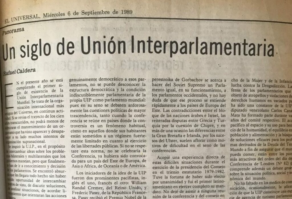 1989. Septiembre, 6. ALA / El Universal: Un siglo de Unión Interparlamentaria