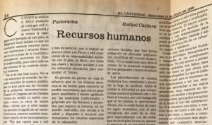 Recursos Humanos - Recorte de El Universal del 14 de junio de 1989 donde aparece publicado este artículo de Rafael Caldera.
