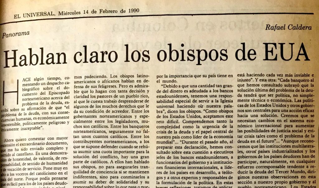 1990. Febrero, 14. ALA / El Universal: Hablan claro los obispos de EUA