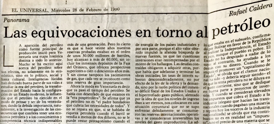 1990. Febrero, 28. ALA / El Universal: Las equivocaciones en torno al petróleo