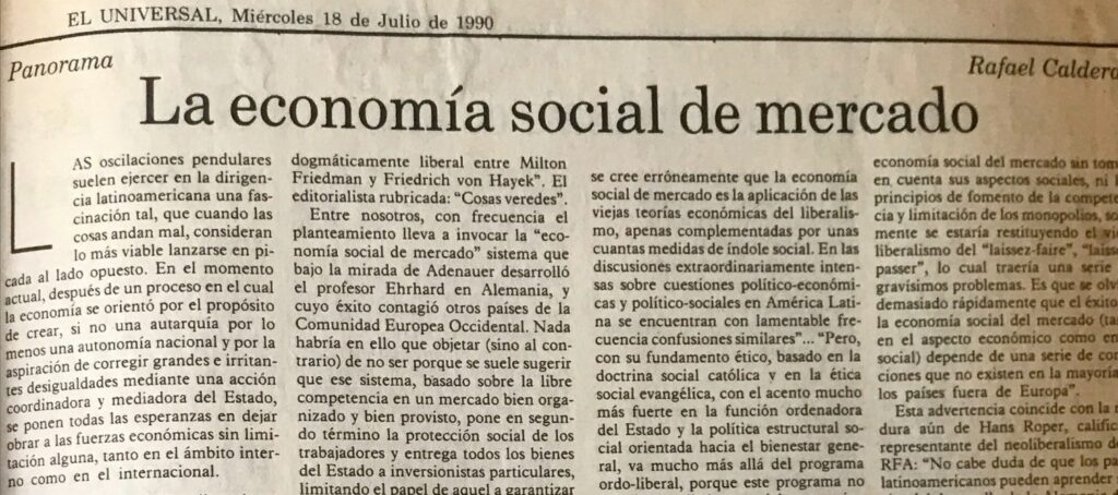 1990. Julio, 18. ALA / El Universal: La economía social de mercado