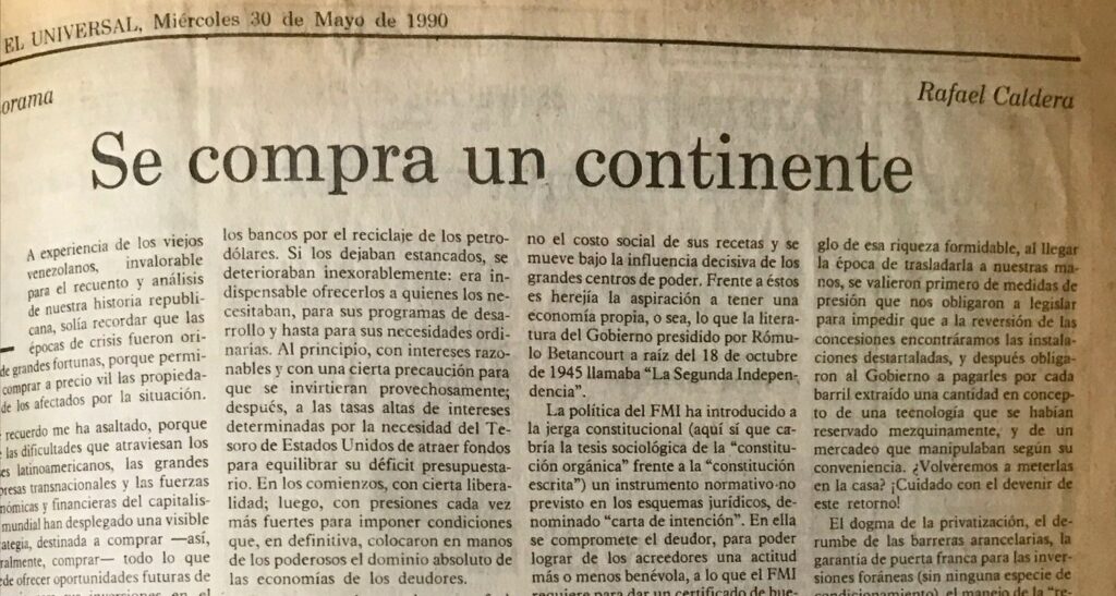 1990. Mayo, 30. ALA / El Universal: Se compra un continente