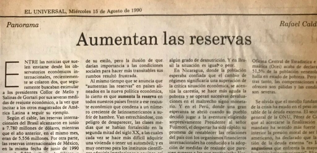 1990. Agosto, 15. ALA / El Universal: Aumentan las reservas