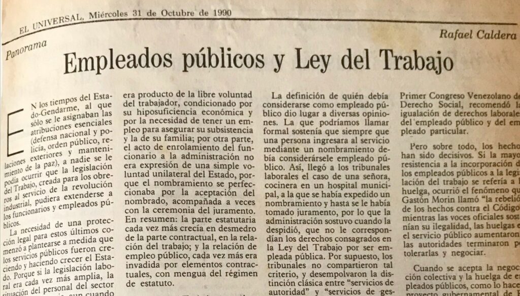 1990. Octubre, 31. ALA / El Universal: Empleados públicos y Ley del Trabajo