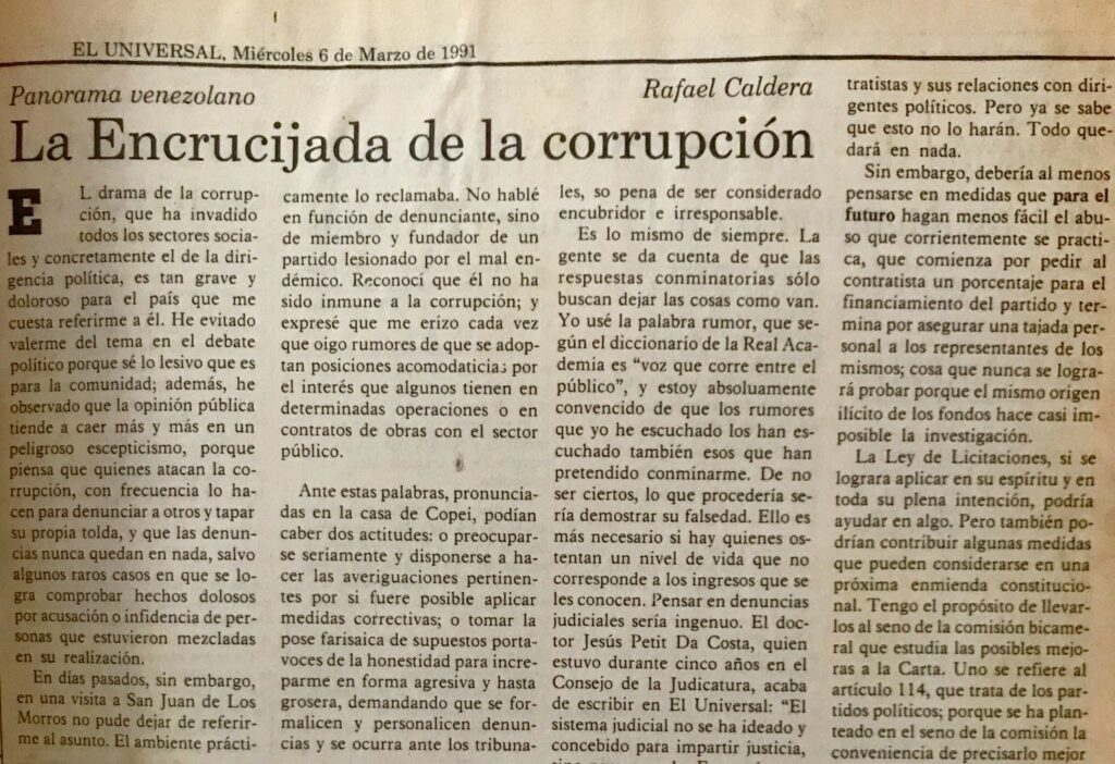 1991. Marzo, 6. ALA / El Universal: La encrucijada de la corrupción