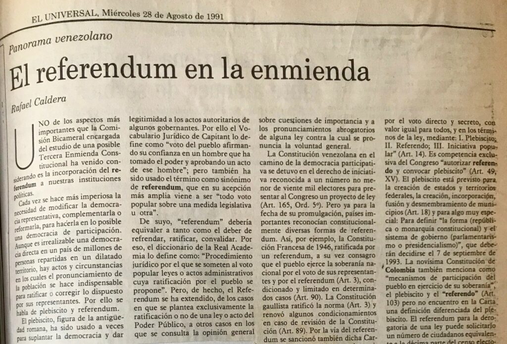 1991. Agosto, 28. ALA / El Universal: El referéndum en la enmienda