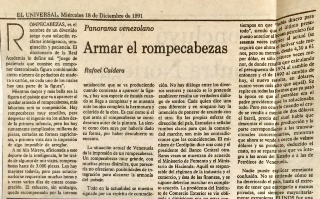 1991. Diciembre, 18. ALA / El Universal: Armar el rompecabezas