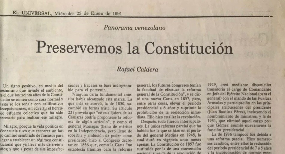 1991. Enero, 23. ALA / El Universal: Preservemos la constitución - Rafael Caldera - sitio web oficial
