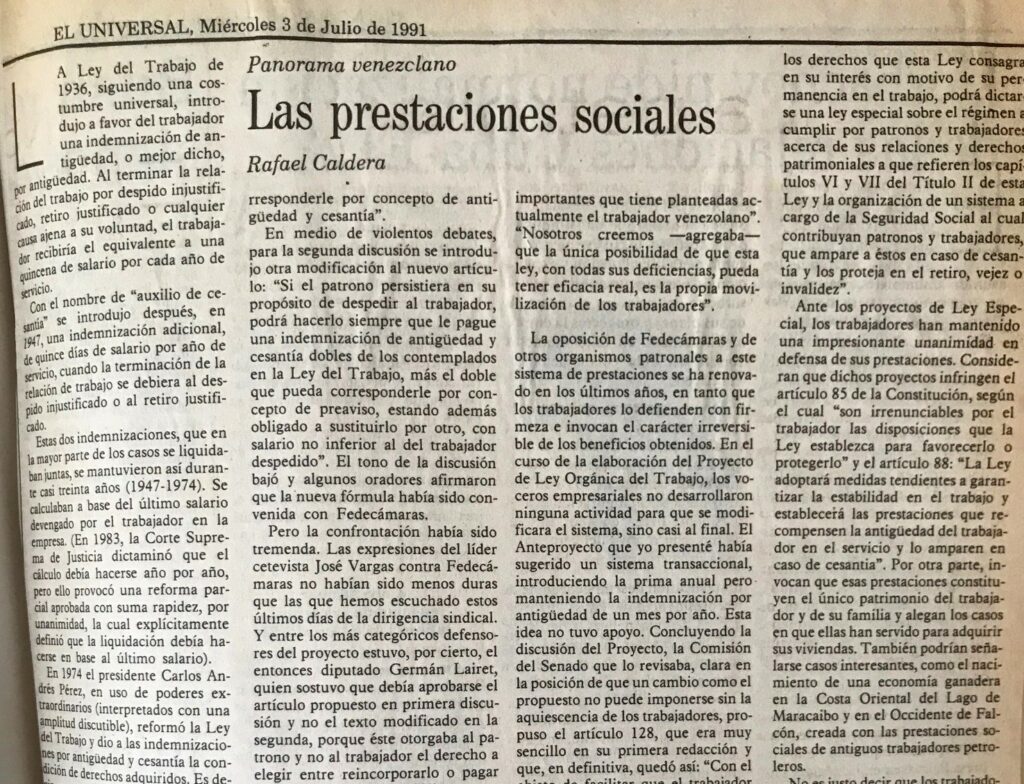 1991. Julio, 3. ALA / El Universal: Las prestaciones sociales